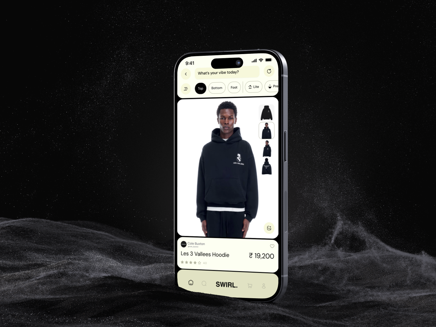 SWIRL app displayed on iPhone with cosmic background